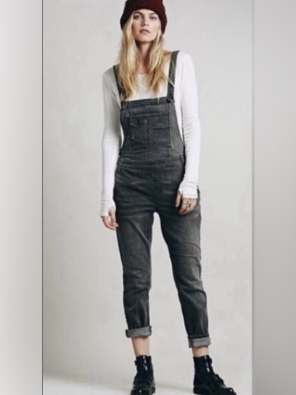 Free People Grey Overalls Cropped Roll Hem 28 Casual Festival Boho